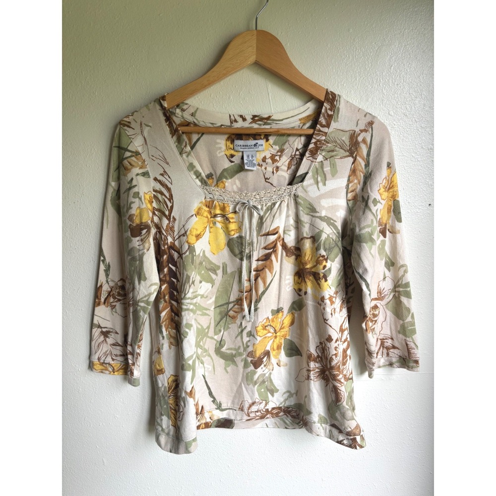 Caribbean Joe Womens Tropical Floral Square Neck Crochet Trim 3/4 Sleeve Top S - Picture 1 of 7